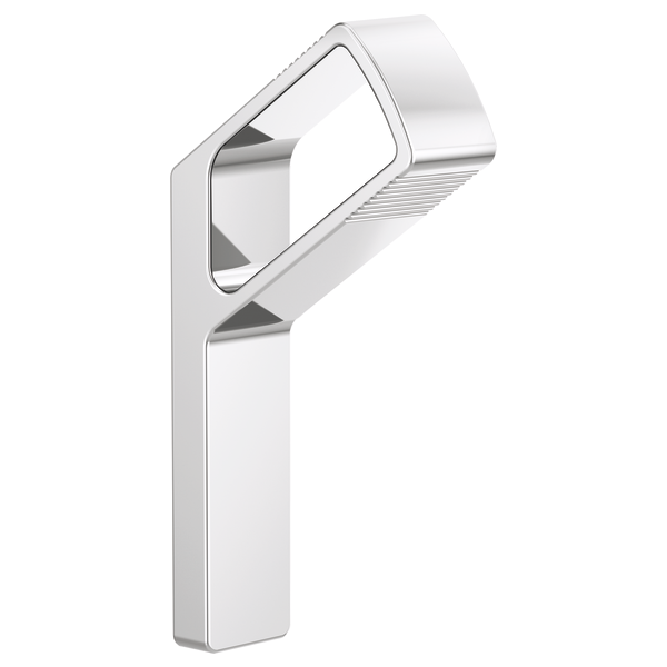 Polished chrome robe hook with curved arm and rectangular backplate in angular, geometric design.