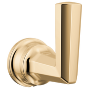 Polished gold single robe hook with rounded circular backplate and rectangular hook arm.