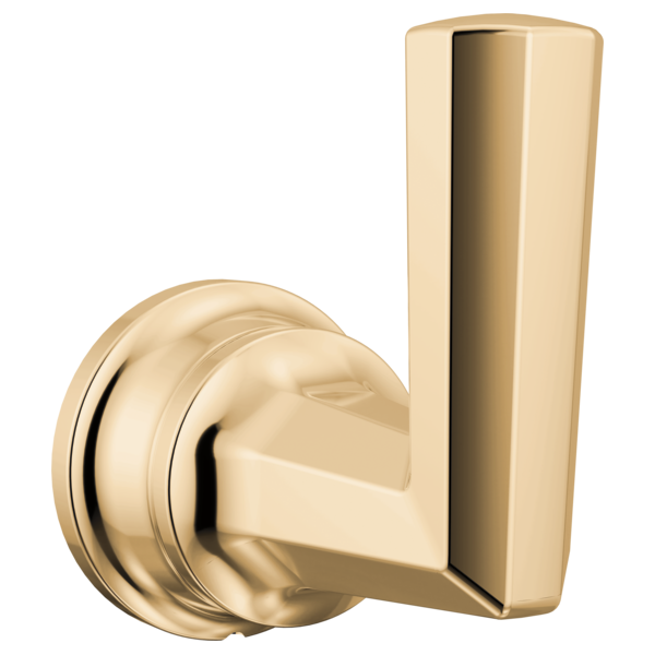 Polished gold single robe hook with rounded circular backplate and rectangular hook arm.
