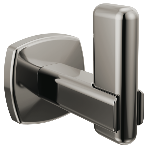 Polished nickel robe hook with curved arm and rounded square backplate for bathroom wall mounting.