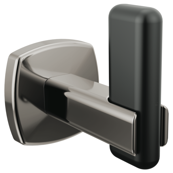 Chrome and matte black robe hook with curved backing plate and horizontal hanging bar.