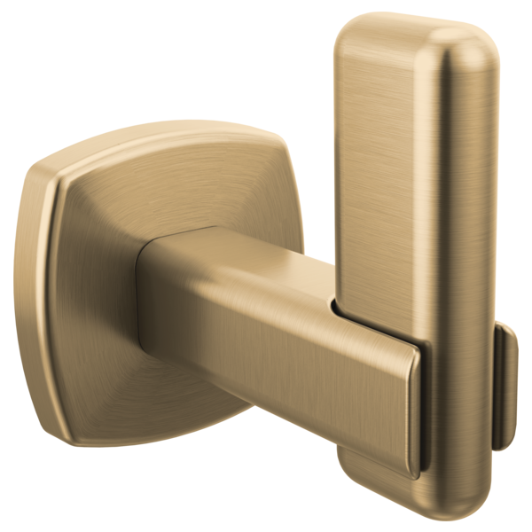 Brushed gold robe hook with square backplate and cylindrical pivoting hook arm.