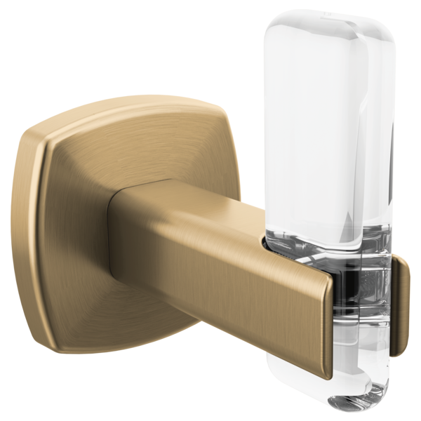 Brushed gold robe hook with square wall plate and cylindrical hook arm extending horizontally.