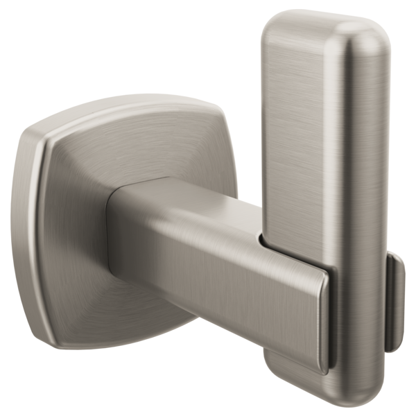 Brushed nickel robe hook with rounded square backplate and horizontal hook arm.