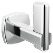 Polished chrome robe hook with curved hook arm and square mounting plate.