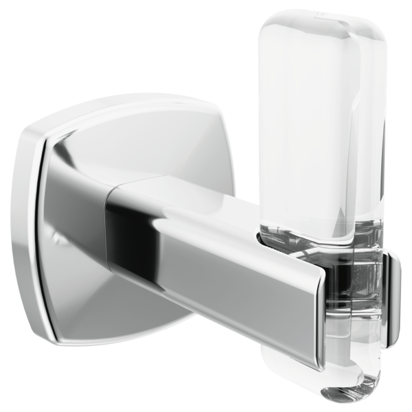 Polished chrome robe hook with squared mounting plate and cylindrical hook arm extending from wall base.