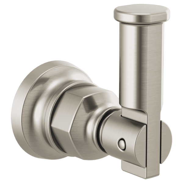 Brushed nickel robe hook with cylindrical vertical hook and round wall-mounted base plate.