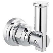 Polished chrome robe hook with cylindrical vertical post and round wall-mounted base plate.