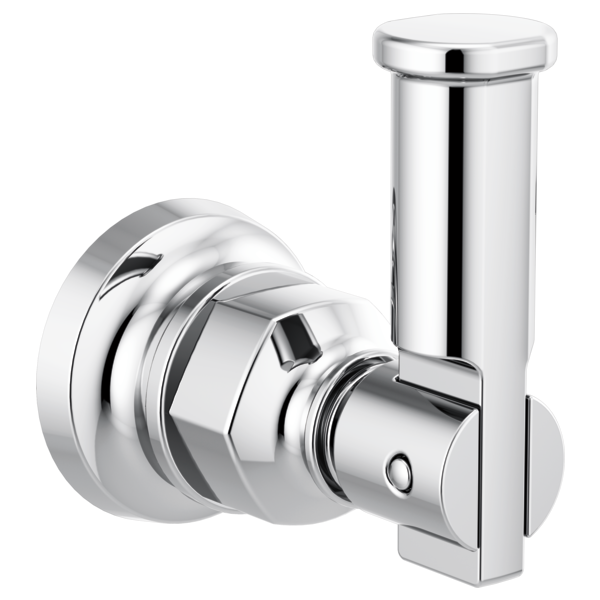 Polished chrome robe hook with cylindrical vertical post and round wall-mounted base plate.