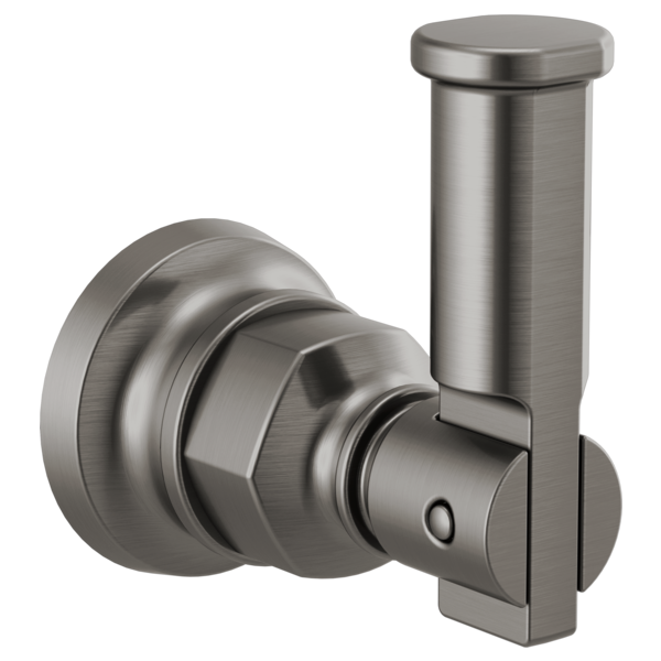 Brushed stainless steel shower trim with round escutcheon, lever handle, and vertical wall-mounted arm.