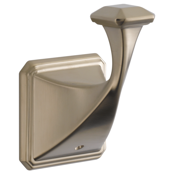 Brushed nickel robe hook with curved arm and square mounting plate.