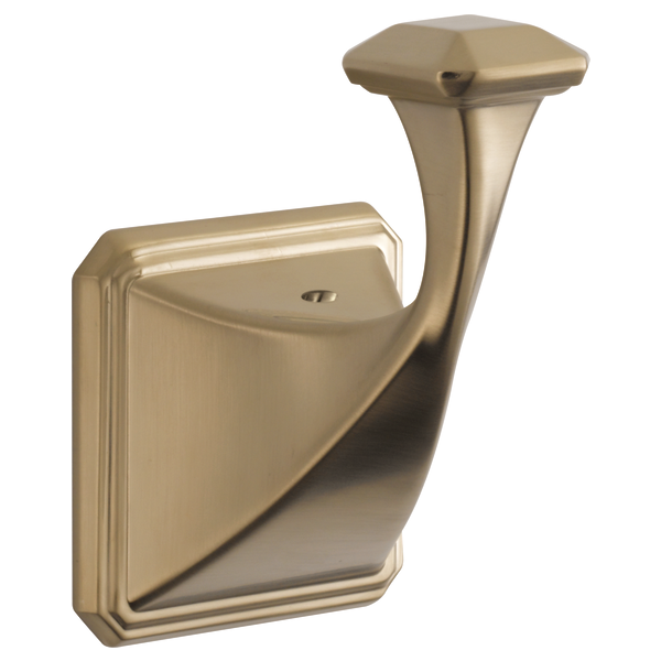 Brushed gold robe hook with curved arm and square wall plate mounting base.