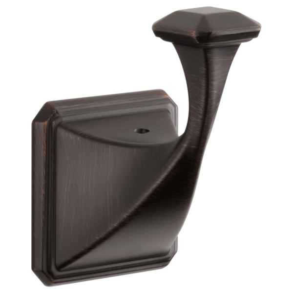 Oil-rubbed bronze robe hook with curved arm and square mounting plate.