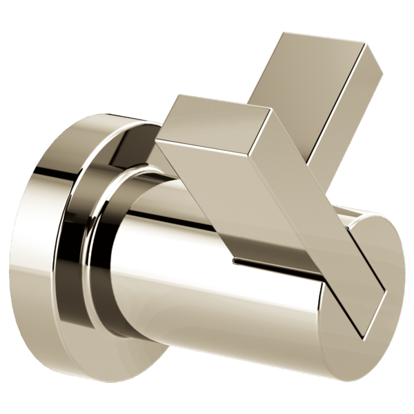 Polished nickel double robe hook with cylindrical bar and two rectangular hooks extending upward from round wall mount.