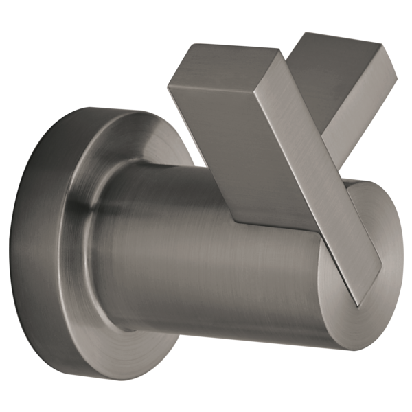 Brushed stainless steel double robe hook with cylindrical base and two rectangular projecting hooks.