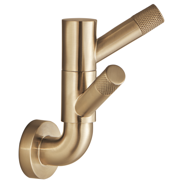 Champagne bronze rotating double robe hook with knurled cylindrical handles and wall-mounted curved base.