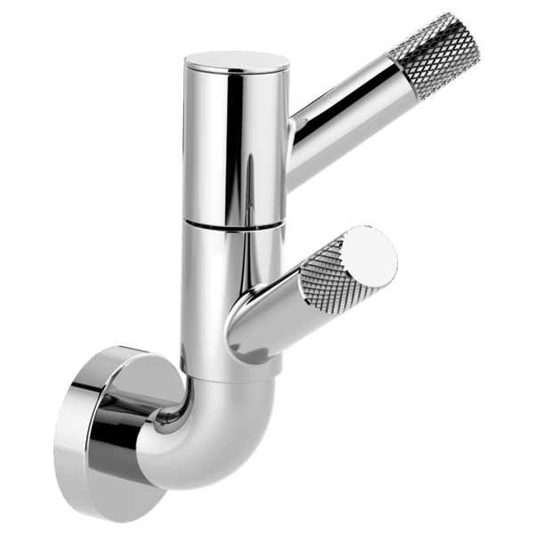 Polished chrome double robe hook with rotating arms, knurled handles, and wall-mounted base.