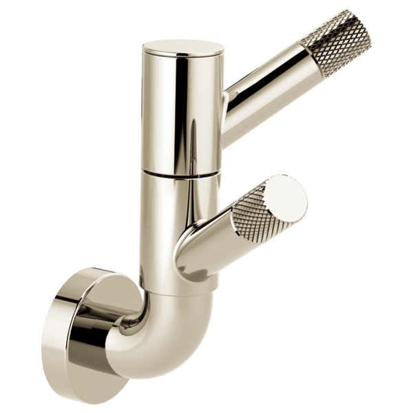 Polished nickel rotating robe hook with two articulating arms featuring knurled handles and round wall mount plate.