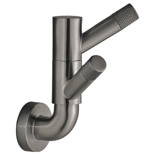 Brushed gunmetal rotating double robe hook with textured knurled handles and wall-mounted base.