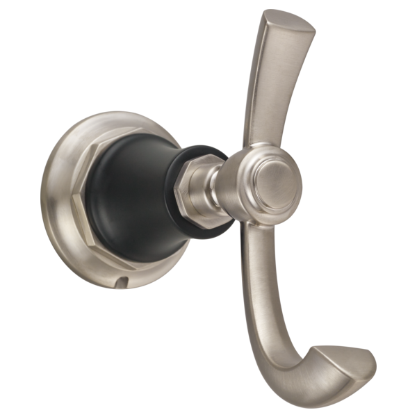 Brushed nickel double robe hook with circular wall mount and two curved arms extending downward.