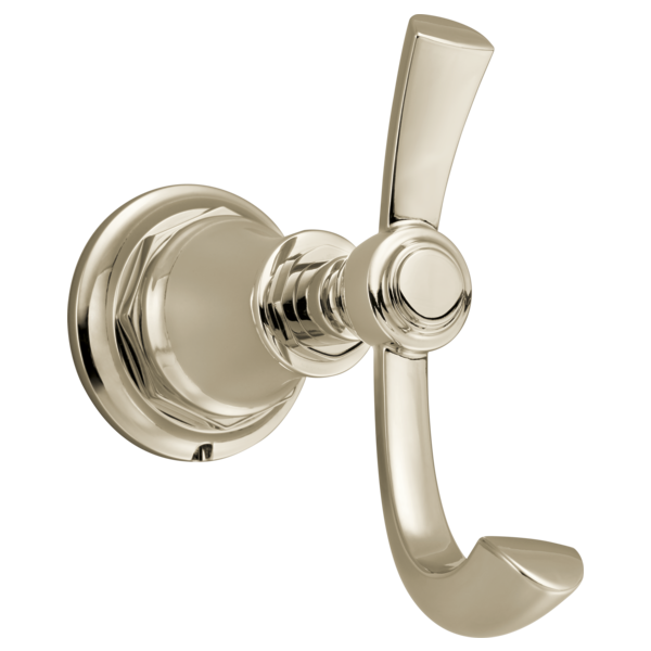 Polished nickel double robe hook with circular wall plate and two curved arms extending outward.