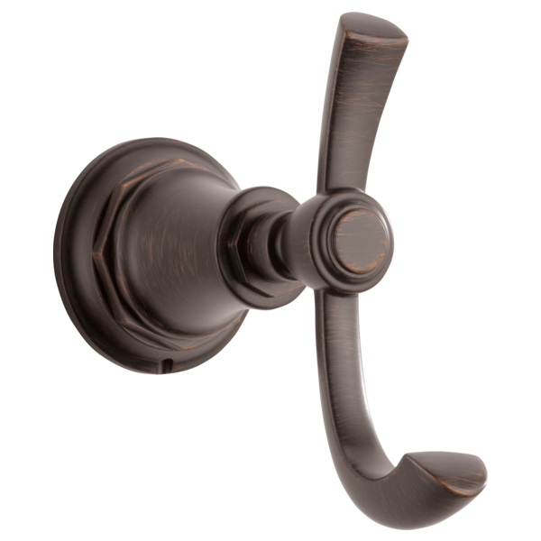 Oil-rubbed bronze double robe hook with cylindrical backplate and curved hook arms.