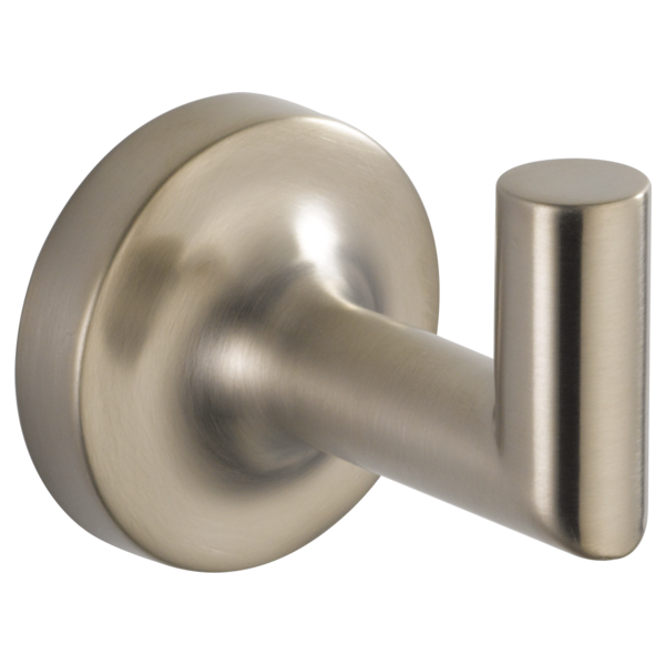 Brushed nickel robe hook with round backplate and cylindrical hook extending from center.
