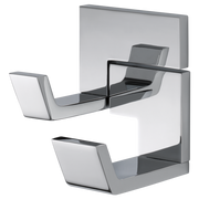 Chrome double robe hook with two curved arms mounted on rectangular backing plate.