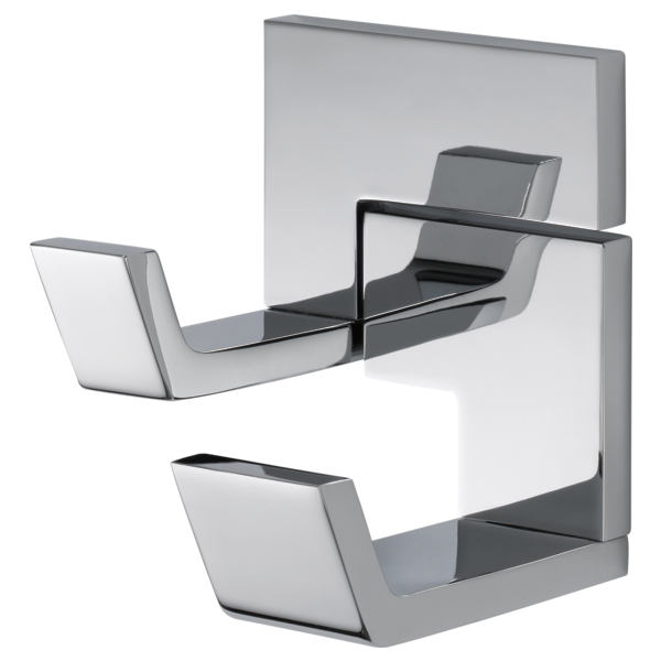 Chrome double robe hook with two curved arms mounted on rectangular backing plate.