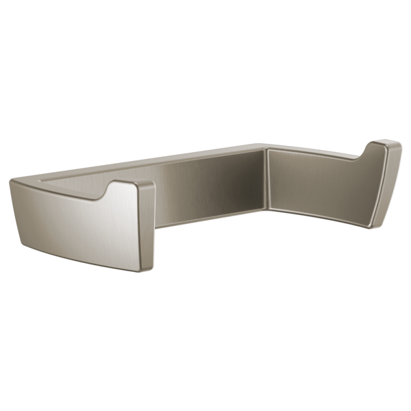 Brushed nickel double robe hook with two curved arms and angular mounting base.