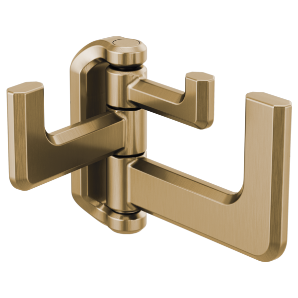 Brushed gold hinged robe hook with two rotating arms and square mounting plates on either side.