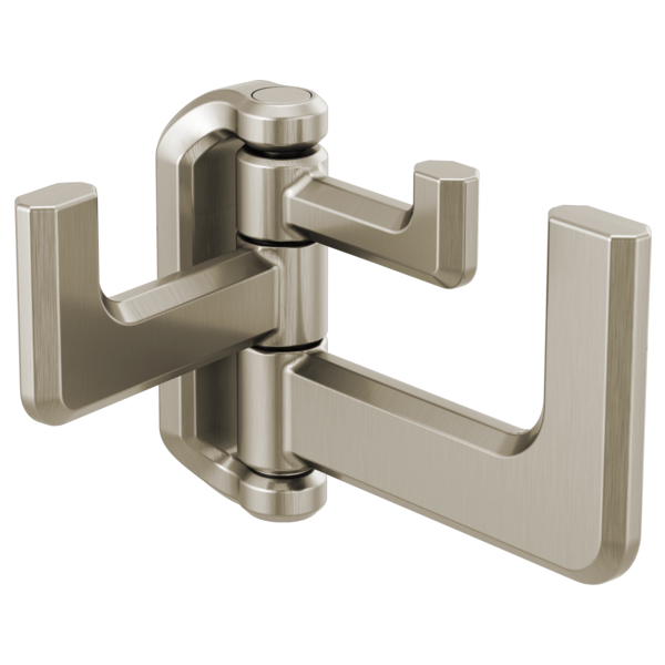 Brushed nickel hinged robe hook with two horizontal arms that pivot outward from a central vertical post.
