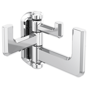 Polished chrome hinged robe hook with two pivoting arms and square wall mounts.