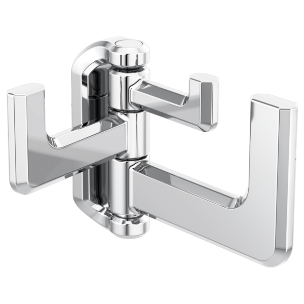 Polished chrome hinged robe hook with two pivoting arms and square wall mounts.