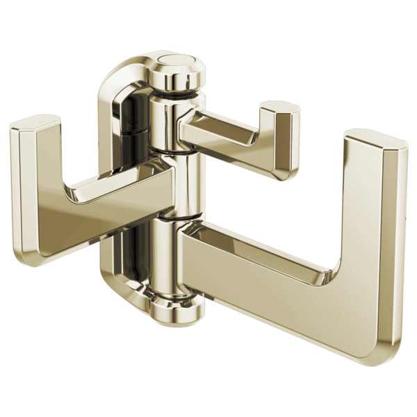 Polished nickel hinged robe hook with two rectangular arms mounted on square wall plates.