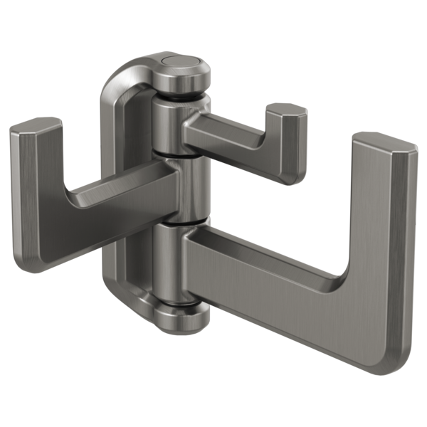 Brushed nickel hinged robe hook with two articulating arms and square mounting plates on each side.