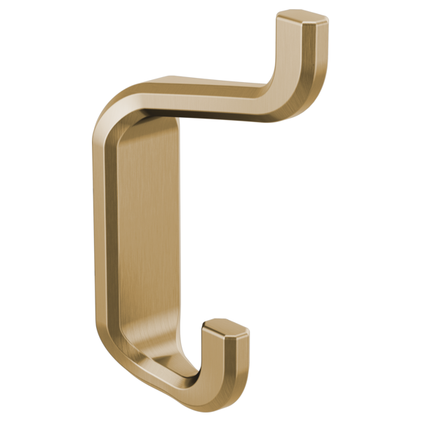 Brushed gold double robe hook with curved arms extending from a vertical rectangular backplate.