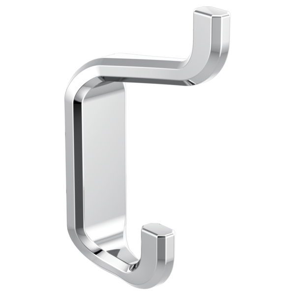 Polished chrome double robe hook with curved arms and rectangular mounting plate.