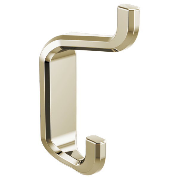 Polished brass double robe hook with curved arms extending horizontally and vertically from a rectangular backplate.