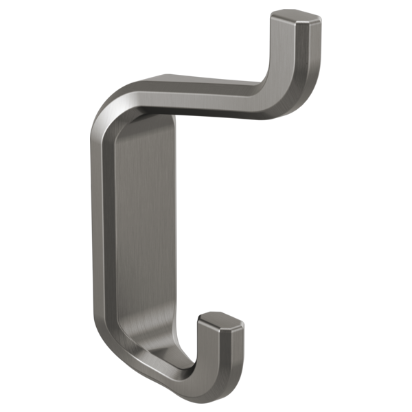 Brushed stainless steel double robe hook with curved arms and rectangular mounting plate.