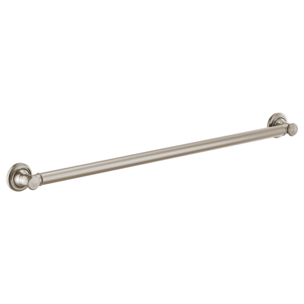 Stainless steel grab bar with round mounting flanges on each end, mounted horizontally.