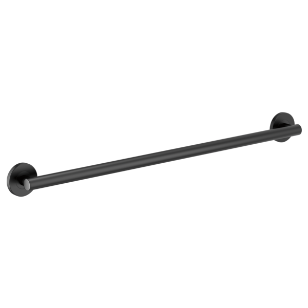 Black cylindrical grab bar with round mounting flanges on each end.