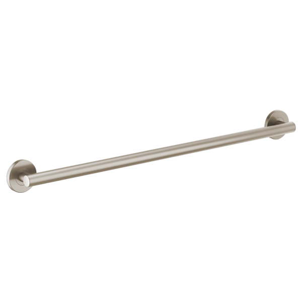 Brushed nickel cylindrical grab bar with round mounting flanges at each end.