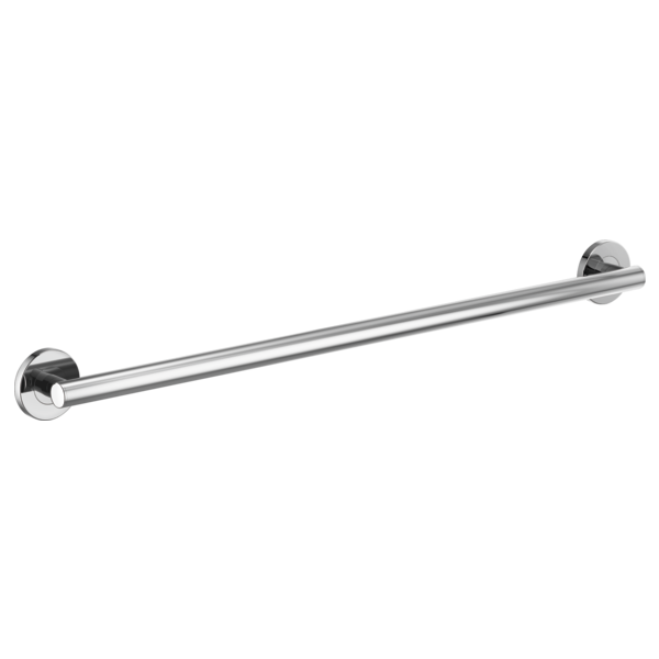 Chrome grab bar with round cylindrical design and wall-mounted circular flanges at each end.