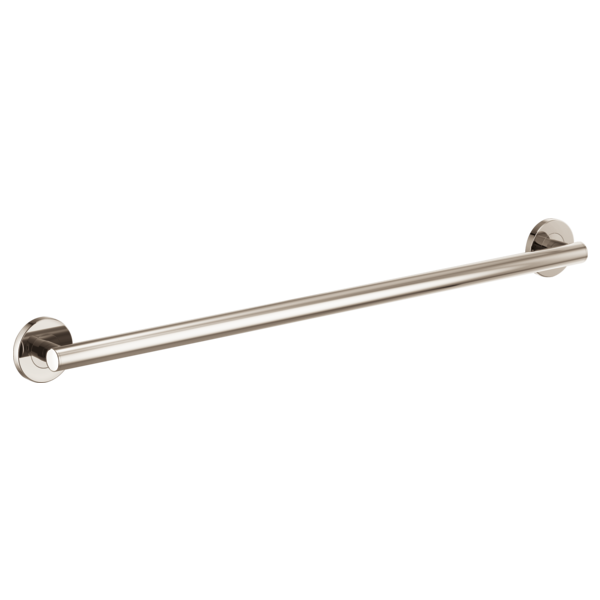 Polished nickel straight grab bar with round mounting flanges at each end.