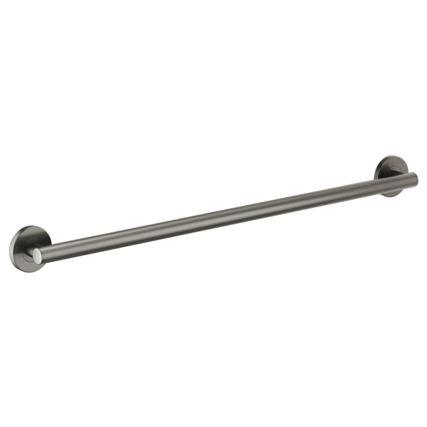 Stainless steel linear grab bar with round profile and dark circular mounting flanges at each end.