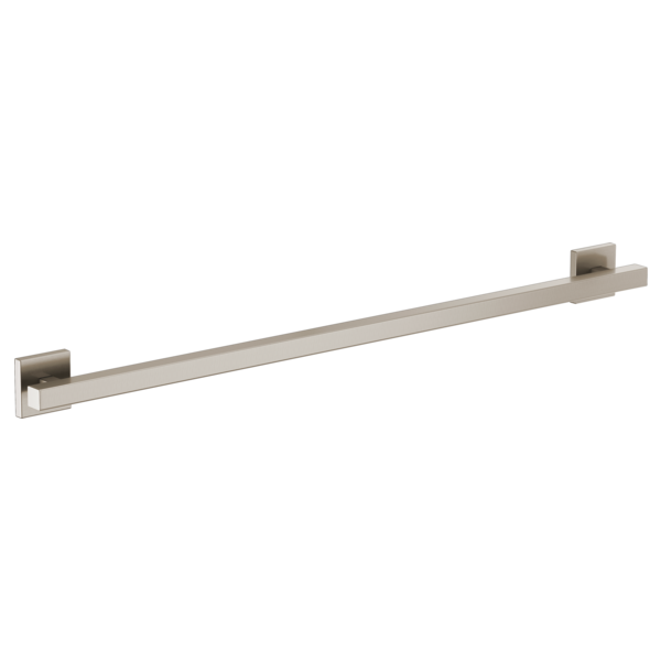 Brushed nickel linear grab bar with square mounting brackets on each end.