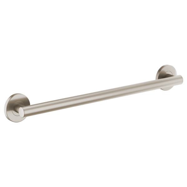 Brushed nickel 24-inch straight grab bar with circular wall-mounted flanges on each end.