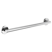 Polished chrome cylindrical grab bar with round wall-mounted flanges on each end.