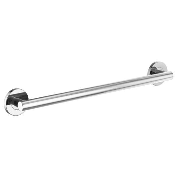 Polished chrome cylindrical grab bar with round wall-mounted flanges on each end.